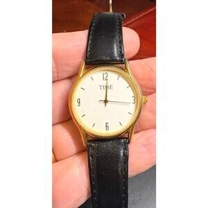 Men's 35mm Gold Tone Time Magazine Watch, Black Leather Band